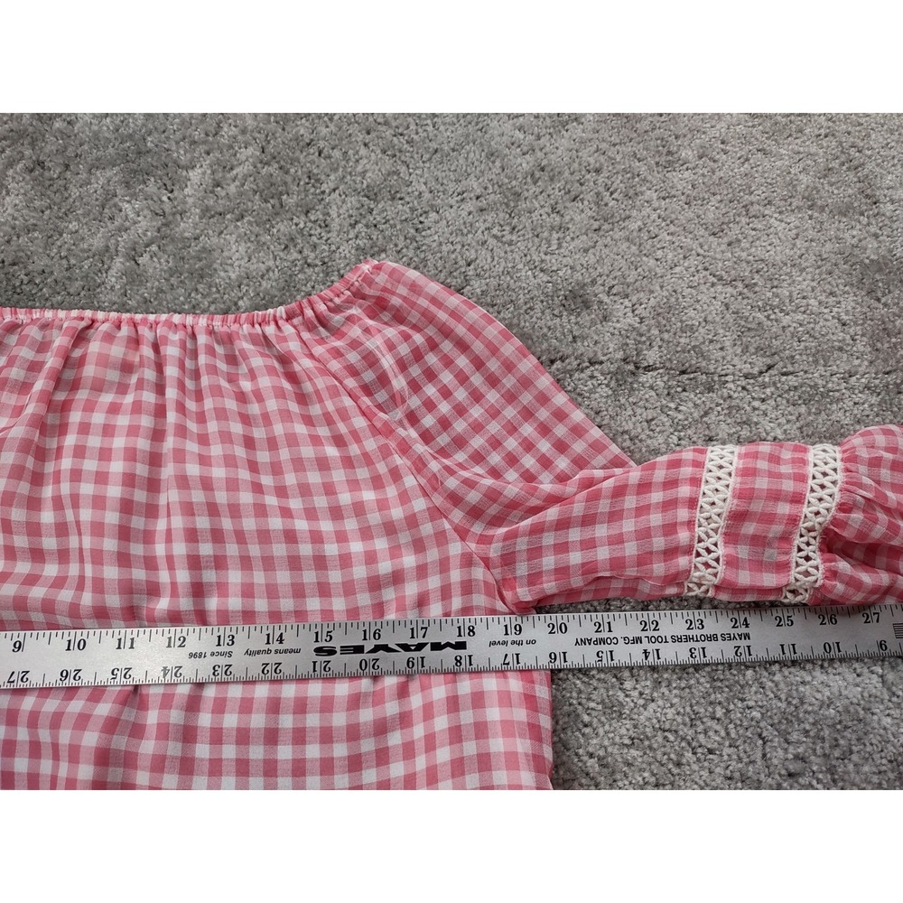 JOHN PAUL RICHARD WOMENS PINK PLAID LAYERD BELL SLEEVE RUFFLE BOTTOM TOP MEDIUM - Picture 8 of 10